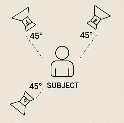 A bird's eye view diagram showing a subject in the center with three lights at 45-degree angles.