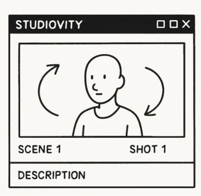 A single storyboard frame in Studiovity showing a simple character sketch with arrows indicating camera movement
