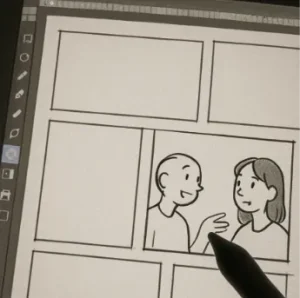 A close-up of a digital workspace where a simple sketch of two people talking is being added to a sequence of panels.