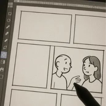 A close-up of a digital workspace where a simple sketch of two people talking is being added to a sequence of panels.