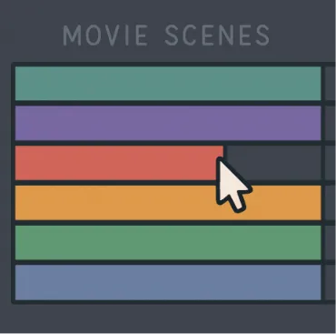 A clean digital interface showing color-coded horizontal strips representing different movie scenes being moved with a mouse cursor.
