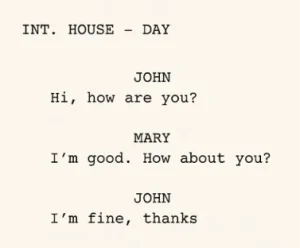 A clean, distraction-free screenwriting interface showing a simple dialogue scene between two characters.