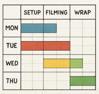 A colorful Gantt chart representing a 5-day film shoot schedule.