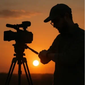 A filmmaker looking at their watch while the sun sets behind a camera on a tripod, symbolizing the pressure of time.