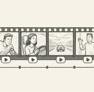 A simplified timeline showing storyboard sketches arranged like a film strip with play buttons.