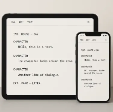 A clean, minimalist view of a screenwriting interface on both a tablet and a smartphone.