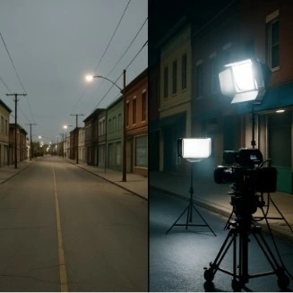 A split-screen style image showing a mundane empty street on one side and the same street transformed with professional lighting and a film camera on the other.