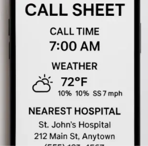 A mobile view of a professional call sheet showing the call time, weather, and nearest hospital.
