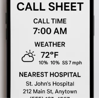 A mobile view of a professional call sheet showing the call time, weather, and nearest hospital.