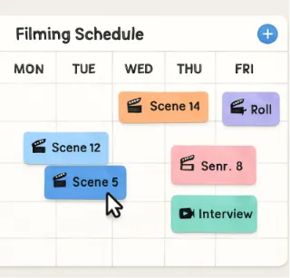A clean, colorful calendar interface showing a filming schedule with drag-and-drop elements.