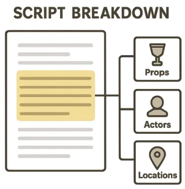 A simplified, clean visual representation of a digital 'script breakdown' where a paragraph of text is highlighted and linked to small icons representing 'Props,' 'Actors,' and 'Locations.'