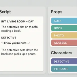 A clean, user-friendly dashboard showing a script on the left and a color-coded list of props and characters on the right.
