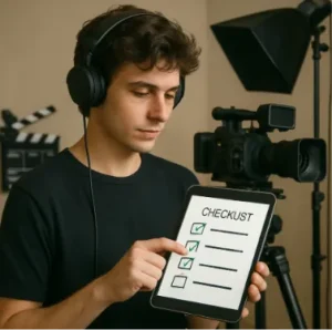 A young filmmaker using a tablet on a set, showing a simplified digital checklist.