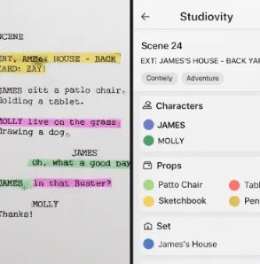 A split-screen showing a traditional highlighted paper script versus the Studiovity digital breakdown interface.