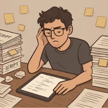 A frustrated film student surrounded by stacks of messy paper scripts and sticky notes, contrasting with a clean digital tablet interface.
