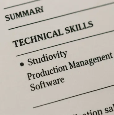 A close-up of a resume focusing on a 'Technical Skills' section that lists 'Studiovity' and 'Production Management Software.'