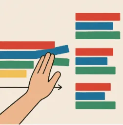 A visual representation of colored strips being moved into groups, representing different scenes in a timeline.