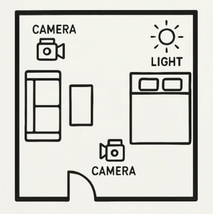 A simple overhead floor plan of a room showing two camera positions and one light source position.