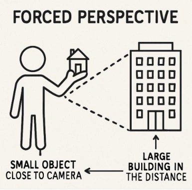 A diagram of forced perspective showing how a small object close to the camera looks like a large building in the distance.