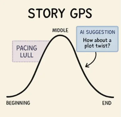 A simple 'Story GPS' visualization showing a narrative arc with a highlighted 'pacing lull' and an AI suggestion box proposing a plot twist.