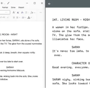 A split-screen comparison: one side shows a messy Word document script, the other shows a clean, professionally formatted script in a screenwriting app.