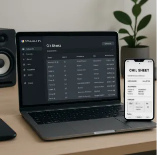 A clean, modern home studio setup featuring a laptop running Studiovity and a smartphone showing a digital call sheet, symbolizing the bridge between planning and shooting.