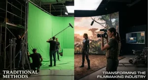 A split-screen comparison showing a traditional green screen film set on the left versus a modern virtual production stage with a dynamic LED wall on the right.