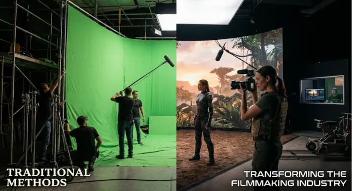 A split-screen comparison showing a traditional green screen film set on the left versus a modern virtual production stage with a dynamic LED wall on the right.