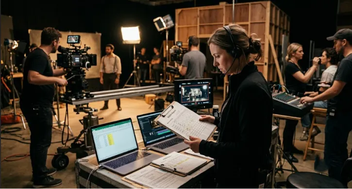A comparison of two scenes: one shows a stressed woman managing film scheduling with stacks of paper, the other shows a composed woman using efficient software on a computer.