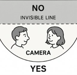 A top-down diagram of two characters talking, showing an invisible line between them and where the camera can and cannot go (the 180-degree rule).