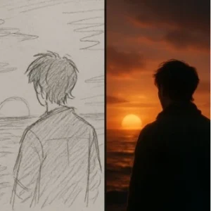 A split-screen visual showing a simple, rough pencil sketch of a character looking at a sunset on the left, and a high-quality cinematic film frame of the same scene on the right.
