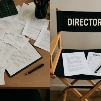 A side-by-side comparison showing a messy, cluttered desk with scattered papers versus an organized director’s chair with a neat script and a shot list.