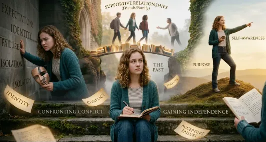 An allegorical composite image of the student from image_4.png, surrounded by symbolic scenes and text like "FAILURE," "IDENTITY," "CONFRONTING CONFLICT," and "PURPOSE" on a journey towards self-awareness.