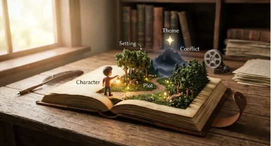 A 3D miniature world emerging from an open antique book on a wooden desk, displaying a small character with a lantern on a path, surrounded by trees, mountains, a shining star, and text labels for Character, Setting, Plot, Conflict, and Theme.