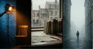 A vertical, three-panel triptych photograph showing distinct cinematic scenes. From left: a vintage spotlight illuminates an empty wooden chair against a blue brick wall; center, a cluster of antique books, one titled 'HISTORY', rest near a map on a desk; right, a solitary figure with a backpack walks down a dark, foggy cobblestone street flanked by old buildings. The overall title is displayed as a watermark on the center panel.