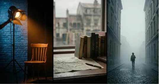 A vertical, three-panel triptych photograph showing distinct cinematic scenes. From left: a vintage spotlight illuminates an empty wooden chair against a blue brick wall; center, a cluster of antique books, one titled 'HISTORY', rest near a map on a desk; right, a solitary figure with a backpack walks down a dark, foggy cobblestone street flanked by old buildings. The overall title is displayed as a watermark on the center panel.