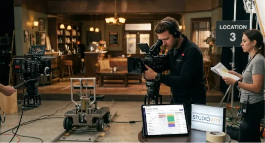 A photo of a live film set with crew members. Centered is a male camera operator with headphones, using a large cinema camera on a dolly. An assistant on the right takes notes. In the foreground, a tablet on a table displays the colorful 'Studiovity' timeline dashboard next to a backlit 'Studiovity' logo sign. The background is a vintage cafe set.