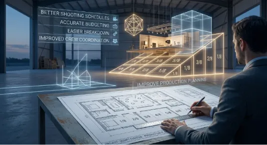 An abstract metaphor showing a architect marking blueprints that generate glowing 3D wireframes of film sets and a floating holographic menu of production planning benefits.