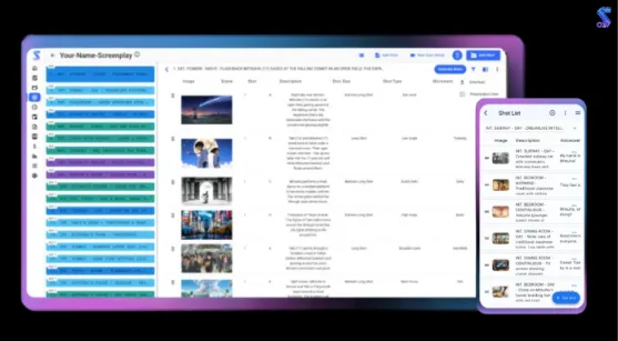 Studiovity digital film production platform showing the AI storyboard generator interface with cinematic scene frames, shot details, and screenplay notes.