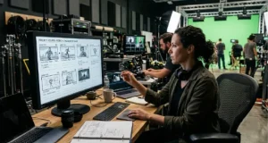 A female filmmaker sitting at a desk in a production studio workspace, using a stylus to review a detailed digital storyboard layout on a large computer monitor with film crew and a green screen visible in the background.