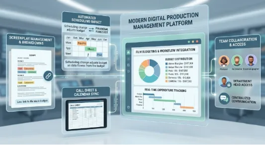 A futuristic interface mockup of a cloud-based film production platform showing interconnected budgeting and scheduling modules.