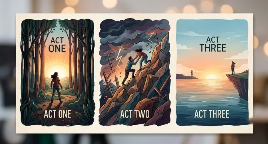 https://gemini.google.com/u/1/app/da8133281a26f958?hl=en-IN&pageId=none#:~:text=A%20three%2Dpanel%20vintage%2Dstyle%20illustration.%20The%20first%20shows%20a%20figure%20walking%20into%20a%20sunny%20forest.%20The%20second%2C%20a%20couple%20helping%20each%20other%20up%20a%20stormy%2C%20rock%2Dstrewn%20hill%20with%20lightning.%20The%20third%2C%20a%20single%20figure%20looking%20out%20at%20a%20peaceful%20sea%20sunset%2C%20illustrating%20a%20three%2Dact%20story%20structure.