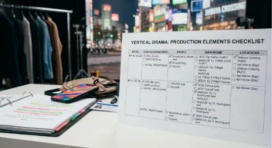 A printed checklist titled "Vertical Drama: Production Elements Checklist" sits propped up on a white table. The document lists columns for episodes, cast/characters, props, wardrobe, and locations. In the background, a clothing rack with wardrobe choices and a brightly lit urban street scene are softly blurred. An open script binder and a smartphone rest on the table nearby.