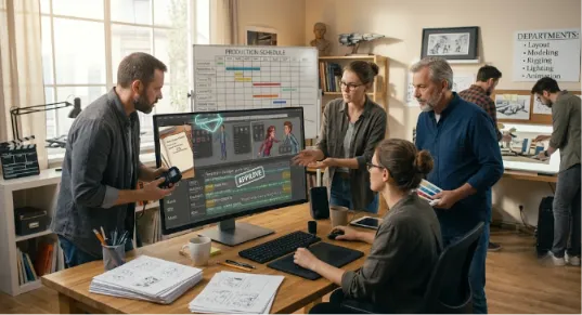 A group of five creative professionals collaborating in an animation studio, reviewing storyboards on a computer screen and discussing progress next to a large production schedule board.