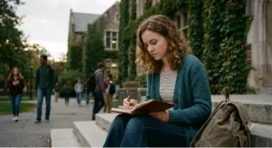 A curly-haired student in a teal cardigan writes in a journal while sitting on college steps. The traditional, ivy-covered campus building is in the background.