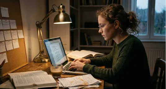A young woman with glasses and a green sweater is deeply focused, typing on a laptop at a wooden desk, surrounded by open books and notes, illuminated by a warm desk lamp at night.