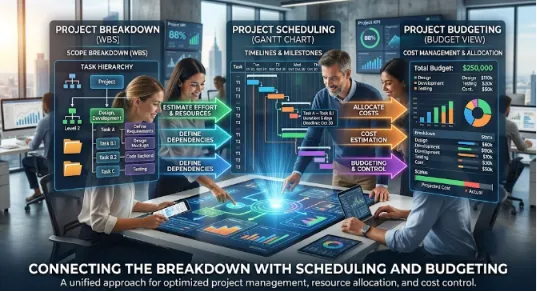 A team of professionals collaborates around a futuristic touch-screen table displaying a project management workflow. The digital interface links three main panels: "Project Breakdown (WBS)" with task hierarchies, "Project Scheduling (Gantt Chart)" showing timelines, and "Project Budgeting" featuring total budgets and financial charts. Colorful arrows labeled "Estimate Effort," "Define Dependencies," and "Allocate Costs" explicitly connect the three panels.