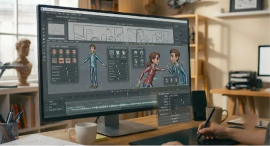 A close-up of a large desktop monitor showcasing a 3D animation software interface with character rigging controls and storyboards. An artist's hand is visible in the foreground using a drawing tablet and stylus.