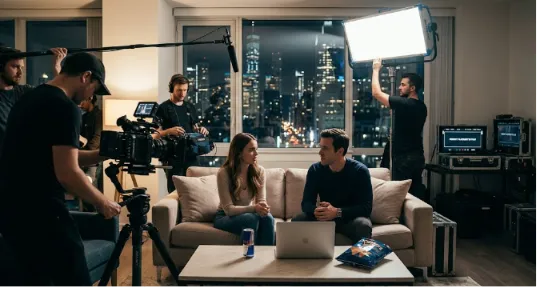 A film crew actively shooting a scene with actors on a sofa, featuring branded food and drinks on the coffee table as part of a product placement strategy.