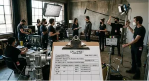 A futuristic sci-fi operations base or film set on a craggy alien planet surface, featuring a weathered call sheet clipboard for "Project: Nova Frontier" in the foreground.